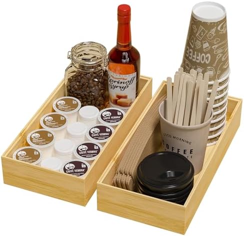 Kitchen Drawer Organizer Bins, Stackable Bamboo Drawer Organizer for Silverware, Flatware, Coffee Pod Organizer K Cup Holder for Countertop, 2 Pcs Coffee Station Organizer 12" x 6" x 2.5" by Greatseas