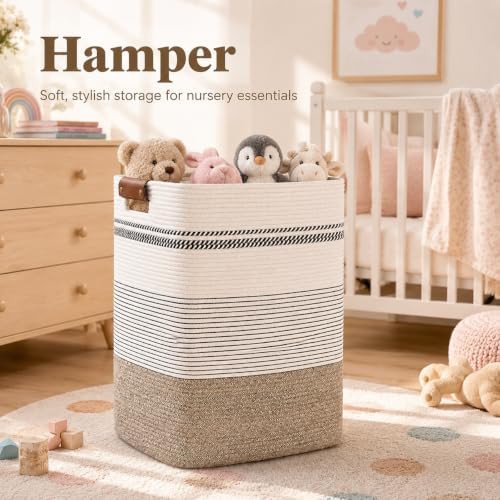 Laundry Hamper, Cotton Rope Laundry Basket with Leather Handles, 22.5-Gallon/85 L Large Clothes Hampers for Laundry, Woven Laundry Baskets for Blankets, Clothing, Bedroom, Living Room, Nursery - Image 3