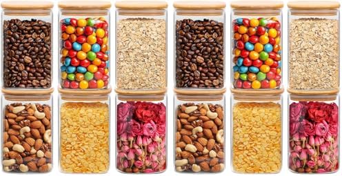 ComSaf 1.2 QT Glass Storage Containers with Lids, Glass Jars with Lids, Clear Food Jar, Square Canister Set of 6, Pantry Organizers and Storage for Cookie Flour Oat Pasta Tea Coffee Bean (Pack of 2) by ComSaf