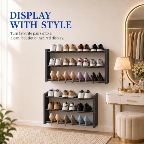 3 Tier Shoe Shelf for Closet, 17"-30" Adjustable Hanging Shoe Rack, Wall Mounted Shoe Rack Holds 12 Pairs, Small Wall Shoe Storage Organizer for Garage, Entryway, Hallway, Bedroom (Black) - Image 6