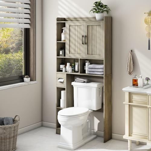 Vabches Farmhouse Over The Toilet Storage Cabinet with Barn Door, Gray Oak - Image 7