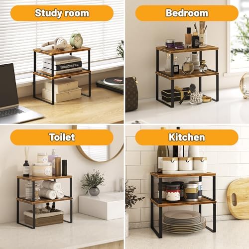 Kitchen Cabinet Organizer Shelf Set of 4, Sturdy Kitchen Counter Shelves with Metal Legs, Stackable Expandable Wood Spice Rack Pantry Cupboard Dish Mug Cup Storage Organizer Shelf, Rustic Brown - Image 6