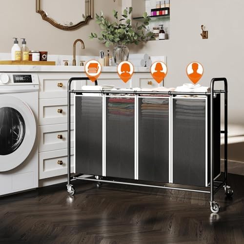 ROMOON Laundry Hamper Sorter Cart, 4-Section Organizer with Lockable Wheels - Image 3