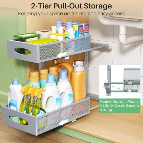 1 Pack Under Sink Organizer, 2 Tier Pull out Cabinet Organizer Mesh Baskets with 5 Adjustable Heights, Sliding Drawers Storage Shelf for Home, Kitchen, Bathroom, Pantry, Office, Countertop ,Grey - Image 3