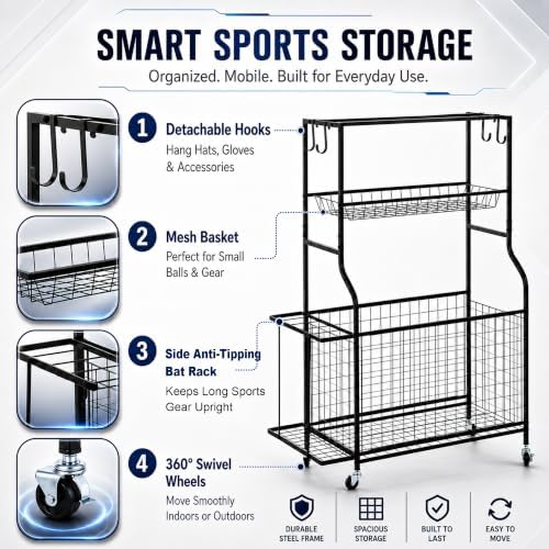 DuraMax Sports Storage Rack for Garage with Wheels, Ball Storage Rack and Sports Equipment Storage Rack, Garage Sports Organizer with Mesh Bin, Basket, Hooks and Bat Rack - Image 3
