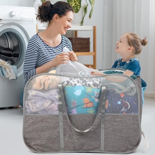 Collapsible Laundry Baskets with 3 Compartment, 150L Tear-proof Pop Up Hamper, Foldable Laundry Basket with Tote Handles, Dirty Clothes Hamper for Laundry, Bedroom, Bathroom, Dorm Grey - Image 2