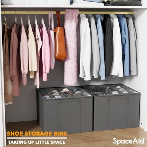 SpaceAid Shoe Organizer for Closet, 2 Pack Foldable Shoe Storage Containers Baskets Boxes Bins w/Adjustable Dividers, Fits 16-32 Pairs, Grey - Image 6
