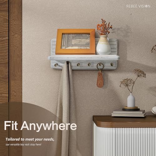 Rebee Vision Key Holder Wall Mount with 6 Hooks for Room Decor, Whitewash - Image 5