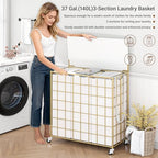 Laundry Basket with Wheels, Heavy Duty Laundry Sorter 3 Sections, 140L (37Gal.) Large Capacity Hamper with Wood Lid, 360 Rolling Wheels, Extra Side Pocket, Leather Pull Handle,Golden+Beige - Image 6