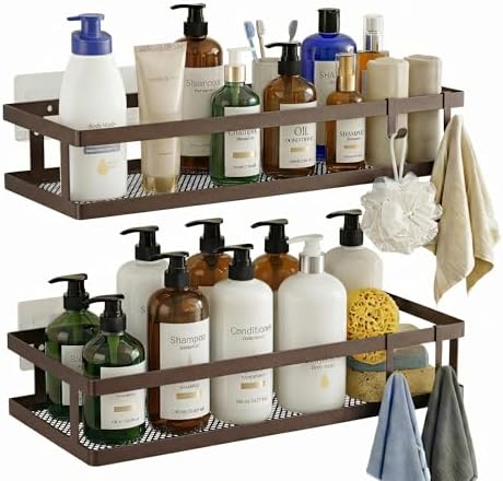 PUSDON 2-Pack Minimalist Shower Caddy Wall Mount, Open Frame Bathroom Shelf Organizer with Mesh Base, Rustproof Floating Spice Rack for Kitchen, Holds 50 LBS, 4 Hooks - Vintage Bronze, Guardrail by PUSDON