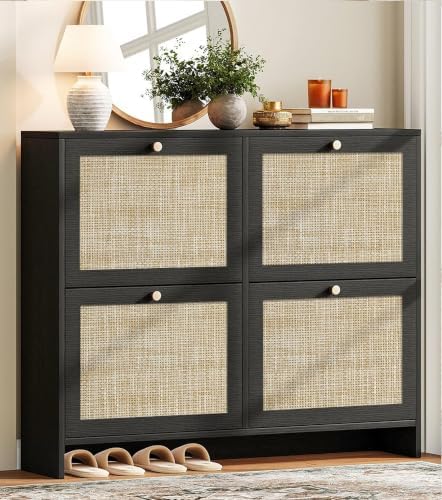 Nicetree Shoe Cabinet Storage for Entryway, 4-Flip Drawer Narrow Shoe Rack with Adjustable Shelves, Boho Modern Square Rattan Shoe Organizer, Slim Wood Storage Cabinets for Small Spaces Fits Size 13.5 by Nicetree