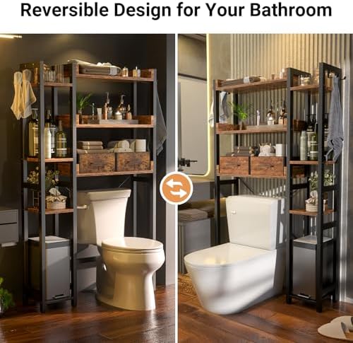 Besiost Over The Toilet Storage, 7 Tier Bathroom Organizer with Reversible Side Shelf and 2 Fabric Drawers, Adjustable Freestanding Rack Space Saver for Small Spaces, Rustic Brown - Image 5