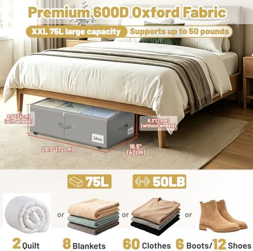 Under Bed Storage with Wheels, 2 Pack Underbed Storage Containers with Clear Lid & Label, XXL 75L Easy Assembly Rolling Under Bed Shoe Storage for Clothes, Shoes, Blankets, Gray(28.3 X 16.5 X 9.5 in) - Image 2