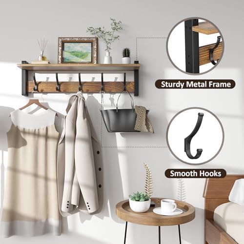 Optish Coat Rack Wall Mount with Shelf, 24 Inch Coat Hanger Walls Mounted, Hat Rack for Walls, Shelf with 5 Coat Hooks, Wall Hanger for Entryway (Brown) - Image 3