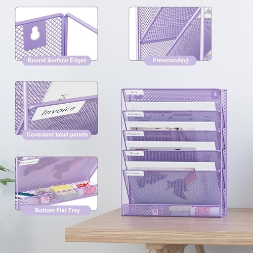 EasyPAG 5 Tier Wall File Holder, Mesh Hanging Folder Organizer with Classify Label, Versatile Desk File Holder, Vertical Wall Mounted Mail Organizer for Office Home Cubicle, Purple - Image 3