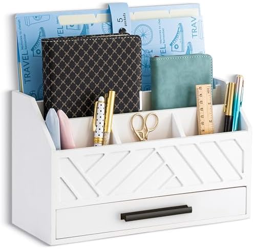 dreampossible Wood Desk Organizer and Accessories with Drawer, Bill Mail Organizer and File Mail Holder for Office Supplies, Modern Desk Accessories & Workspace Organizers for Desk Organization by dreampossible