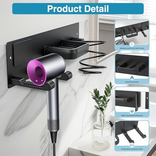 Hair Dryer Holder Hair Tool Organizer Metal Wall Mount(Matte Black) - Image 3