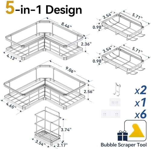 YASONIC Corner Shower Caddy Adhesive, 100% Rustproof Shower Organizer with Soap and Troothbrush Holder, No Drill Shower Shelf for Inside Shower, Wall-Mounted Shower Storage for Homes (5 Pack, Silver) - Image 7