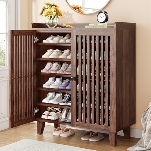 IRONCK Shoe Cabinet with Slatted Doors, 6-Tier Shoe Storage Cabinet, Walnut by IRONCK