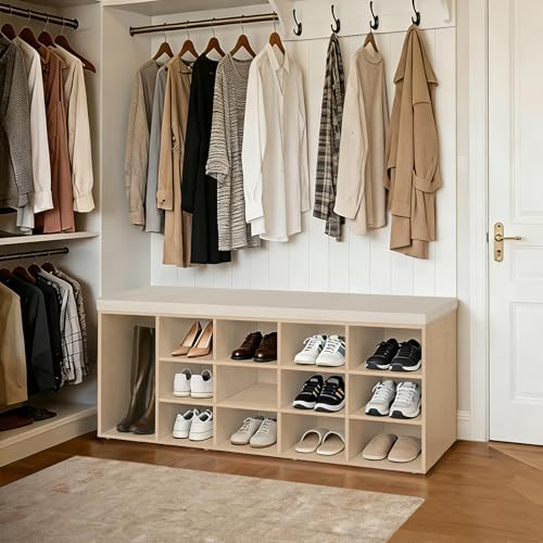DINZI LVJ Shoe Storage Bench with Cushion, 15-Cubby Shoe Rack with Seat - Image 2