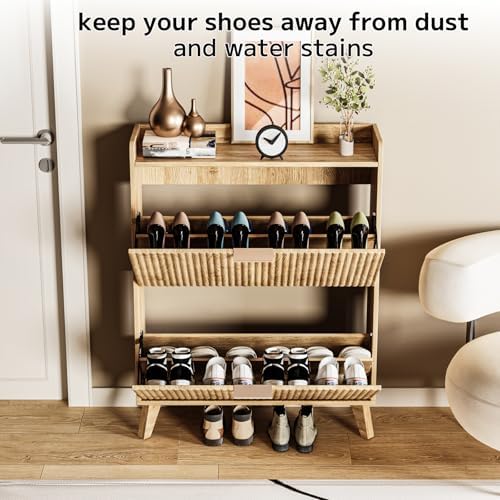 Fluted Shoe Cabinet Storage with 2 Flip Drawers, Wood Narrow Hidden Shoe Organizer with Adjustable Shelf for Entryway, Freestanding Slim Shoe Rack for Hallway Living Room, Saving Space, Oak - Image 4