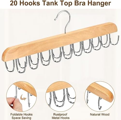 Bra Hanger for Closet, Tank Top Organizer 20 Hooks Capacity Foldable Wood Space Saving Hanger Closet Organizers and Storage for Dorm & Apartment for Tank Top, Hats etc.-2 Pack - Image 3