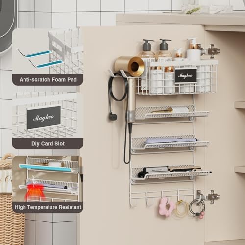 Magheo Hair Dryer Holder Wall Mounted, Adheisve Hair Styling Tool Organizer for hair Brush/Appliance Wall Mount with 5 Tier Shelf Basket Hooks Blow Dryer and Straightener Holder for Bathroom(White) - Image 2