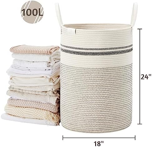 VIPOSCO 100L Tall Woven Rope Laundry Hamper, Leather Handles, Stripe White - Image 5