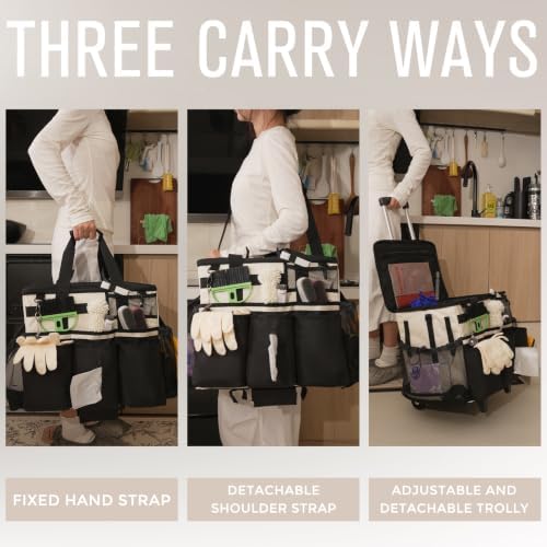 SCAVATA Rolling Cleaning Caddy Bag with Detachable Trolley, Large Cleaning Supplies Organizer with Wheels, Multi-Pocket Cleaning Cart with Adjustable Shoulder Strap for Housekeepers (CreamWhite) - Image 6