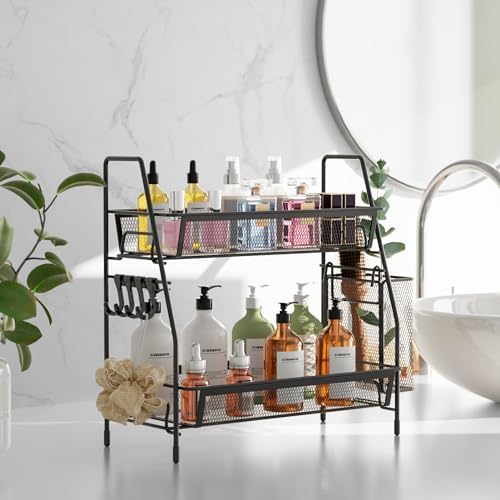 2 Tier Bathroom Countertop Organizer, Vanity Storage Shelf, Small, Black - Image 2