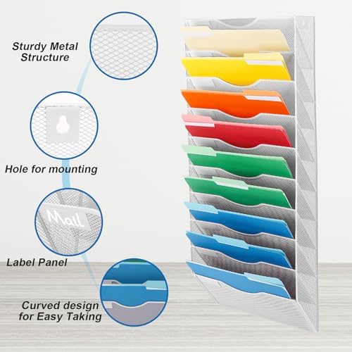 EASEPRES 10 Pocket Mesh Hanging Wall File Organizer, Wall Mounted Mail Paper Document Folder Holder, Clipboard Storage Organization Magazine Rack with Nametag Label for Office Home School, White - Image 3