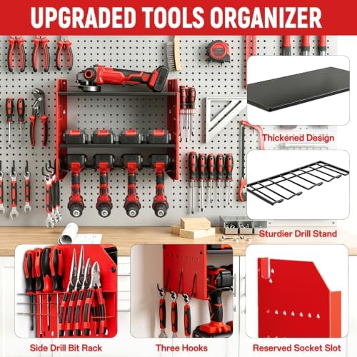 Power Tool Organizer Wall Mount,Power Drill Tool Holder,200lb Heavy Duty Tool Shelf,4 Tier Cordless Tool Organizer with 4 Drill Holders & 3 Divider Panels,Red - Image 4