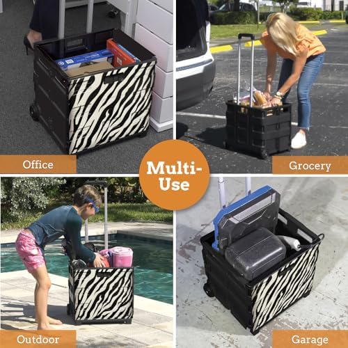 Inspired Living Ultra-Slim Rolling Collapsible Storage Pack-N-Roll Utility-carts, with Telescopic Handle, for Home, Garden, Shopping, Office, School use, Large, Zebra - Image 5