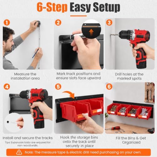 16pc Wall-Mounted Storage Organizer Set with Metal Rails Red - Image 4
