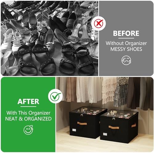 Vincona Shoe Organizer for Closet, 2 Pack Foldable Shoe Storage Bins with Clear Cover & Handles, 16-Compartment Shoe Box for Sneakers, Heels, Boots, Space-Saving Shoe Rack for Entryway, Dorm, RV - Image 4