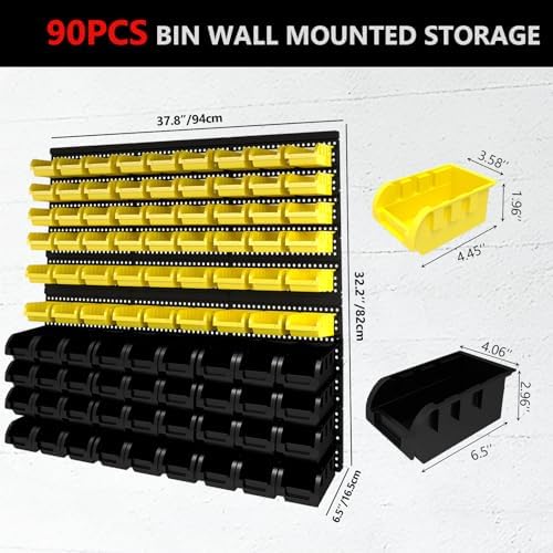 90Pcs Plastic Wall Mounted Storage Bins Parts Rack Nuts And Bolt Bins Organizer For Shop Garage for Screws, Nuts, Bolts, Nails, Beads, and Small Hardware Parts(YELLOW+BLACK, 90) - Image 2