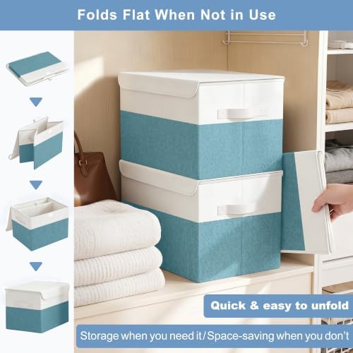 Large 17" 42 Quarts Collapsible Stackable Storage Bins with Lids [3-Pack] Foldable Fabric Linen Storage Boxes Cube, Closet Organizer Baskets with Label for Home (16.7 x 12 x 12", Teal & White) - Image 7