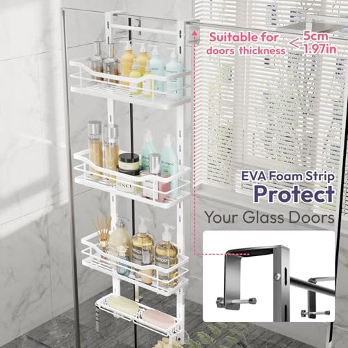 SWTYMIKI Over the Door Shower Caddy - 4 Tier Adjustable Shower Organizer Hanging with Soap Holder, No Drilling Stainless Steel Bathroom Rack Hanging for Body Wash, Shampoo, Soap, Razor, White - Image 4