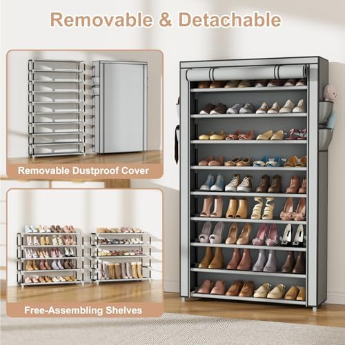 VILICK Shoe Rack with Cover Narrow Shoe Organizer with Pockets 10 Tier Tall Shoe Storage Holds 36-41 Pairs Shoes and Boots Shoe Rack for Closet Entryway Garage, Grey - Image 6