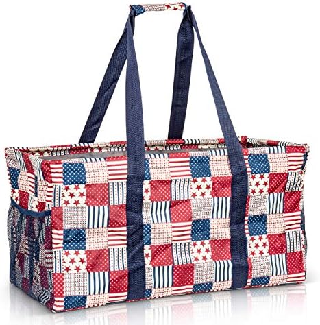 Extra Large Utility Tote Bag - Oversized Collapsible Reusable Wire Frame Rectangular Canvas Basket With Two Exterior Pockets For Beach, Pool, Laundry, Car Trunk, Storage - Patriotic Americana by Lucazzi