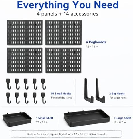 Pegboard Wall Organizer Kit – Heavy Duty 20lbs Load Bearing, Easy Installation, 4 Peg Board Panels 14 Accessories – Multi-Surface Use For Garage, Office, Kitchen & Crafts (Black Pegboard,24″×24″) - Image 4