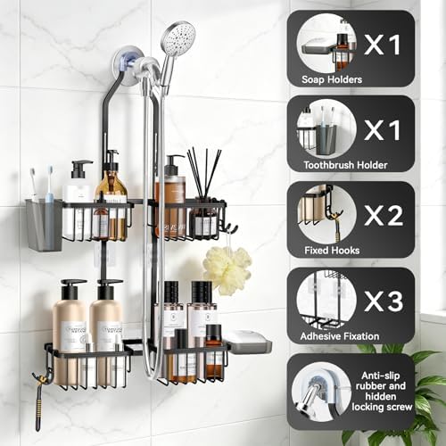 Adjustable Hanging Shower Caddy for Handheld Showerhead, Rustproof Aluminum Over Shower Head Organizer, Renter-Friendly No-Swing Storage for Tall Bottles & Soap, 2-Tier, Black - Image 3