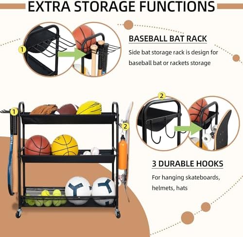 STORAGE MANIAC Basketball Rack 3-Shelf Training Stand with Wheels - Image 4