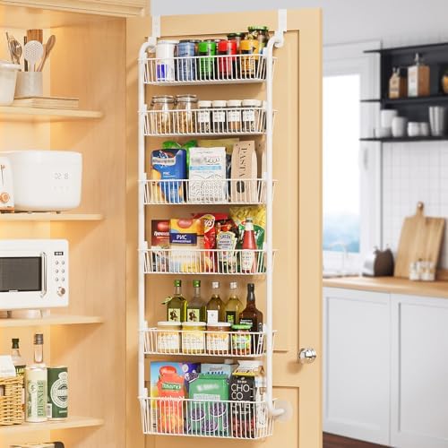 Delamu Large Over the Door Pantry Organizer, 6-Tier Metal Pantry Door Organization and Storage for Easy Install, Hanging Spice Rack Seasoning Shelves for Cabinet & Kitchen, D6.7xW17.5xH53.7 in, White by DELAMU