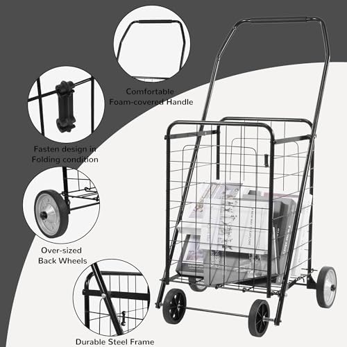 Elevon Foldable Shopping Utility Cart, Collapsible Durable Grocery Utility Cart with Rolling Wheels for Easy Storage, Laundry, Book, Luggage Travel, Compact Portable, Black - Image 3