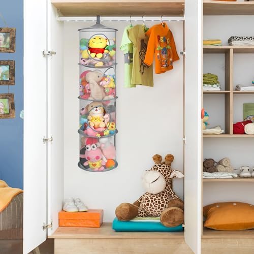 2Pcs Hanging Stuffed Animal Storage Hammock Net 4 Tiers, Grey - Image 4