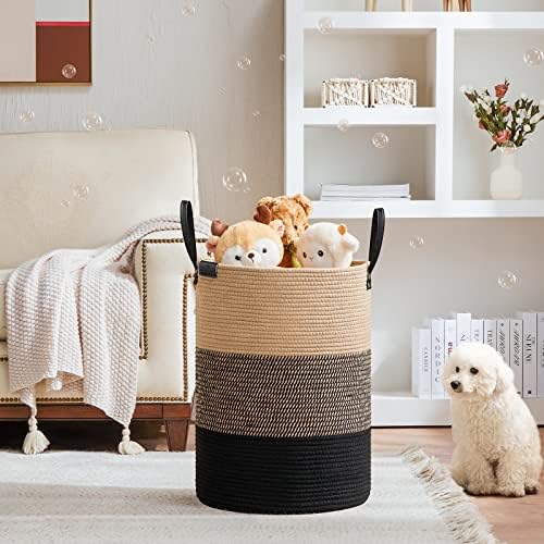 VIPOSCO 72L Tall Woven Rope Laundry Hamper, Leather Handles, Brown & Black - Image 2