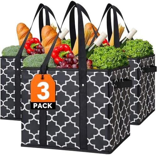WISELIFE Reusable Grocery Bags 3-Pack Foldable Washable Large Storage Bins Basket Water Resistant Shopping Tote Bag Black by WiseLife