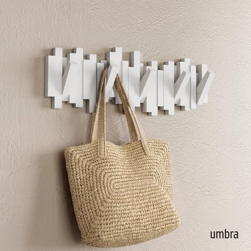 Umbra Sticks Wall Mount Coat Rack, 5 Hook Retractable Pegs, White - Image 2