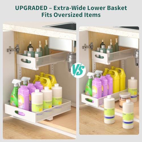 Under Sink Organizer, Extra-Wide Upgrade, 1 Pack 2 Tier Metal Slide Out Cabinet Organizer, Height Adjustable Organization and Storage Series, Bathroom/Cabinet/Kitchen organization, White - Image 4